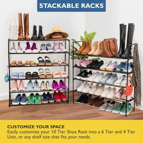 Vista 5 de Sundaze Zapatero de metal de 10 niveles para entrada de puerta delantera, organizador de zapatos alto resistente para armario, dormitorio, entrada