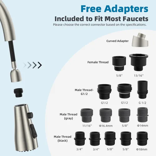 Vista 3 de Hibbent Cabezal rociador extraíble de metal para grifo de cocina, boquilla rociadora para fregadero de cocina con 15 adaptadores, repuesto