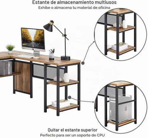 Vista 6 de FATORRI Escritorio para computadora en forma de L con estantes de madera, escritorio de esquina industrial rústico para oficina en casa con patas