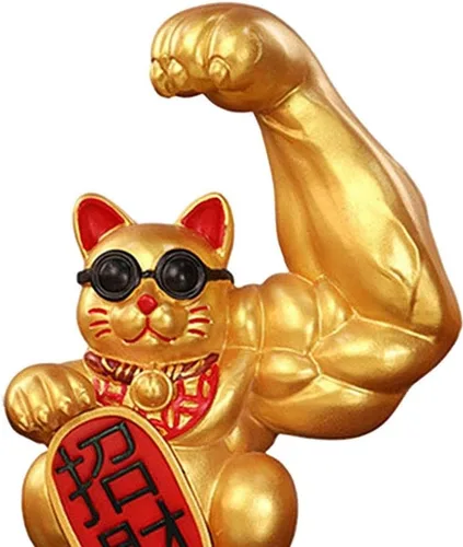 Vista 4 de Fenteer Figura de gato de la suerte con brazo muscular, escultura de gato de la fortuna de resina, 2.76 x 1.57 x 3.94 pulgadas, decoración de Año