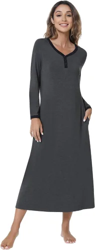 Vista 4 de NACHILA Camisón de bambú para mujer, manga larga, ropa de dormir de longitud completa, vestido de dormir Henley S-4XL