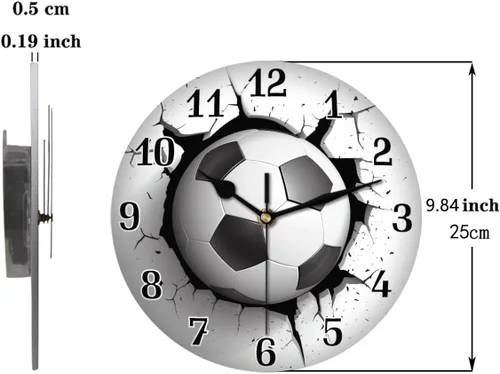 Vista 2 de AUUXVA Reloj de pared acrílico redondo con estampado de balón de fútbol deportivo, pintura artística silenciosa sin tictac para niños, dormitorio