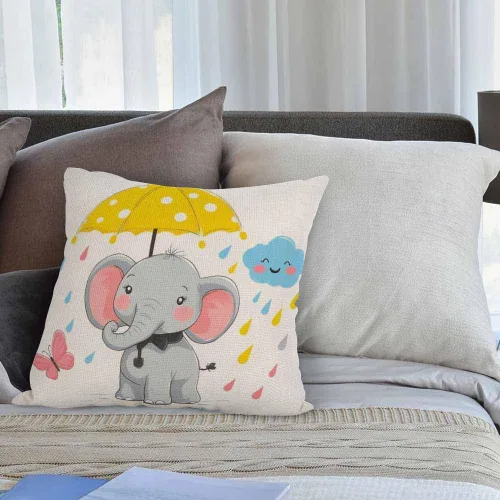 Vista 4 de HGOD DESIGNS Funda de almohada de elefante, elefante bebé con paraguas, caricatura, mariposa, rosa, amarillo, fundas de almohada decorativas