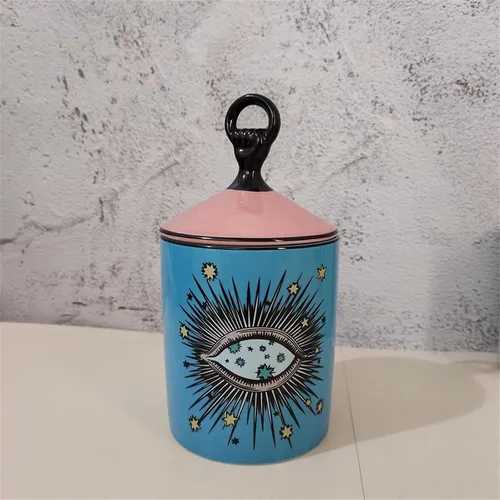Vista 4 de Gran tarro de vela aromática de cielo estrellado con tapa de ojos, tarro de cerámica Makecup, soporte para hisopos de algodón, decoración del hogar