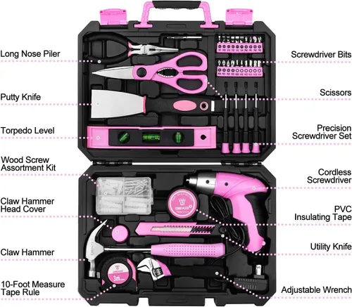 Vista 2 de DEKOPRO Juego de herramientas: kit de herramientas manuales para el hogar general de 98 piezas rosa con caja de almacenamiento de plástico
