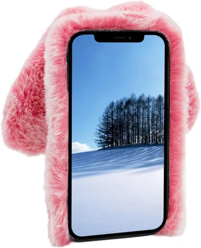 Vista 5 de Funda de felpa con orejas de conejo 3D para LG K51 con correa cruzada ajustable, para niñas de invierno, cálida, hecha a mano, con diamantes