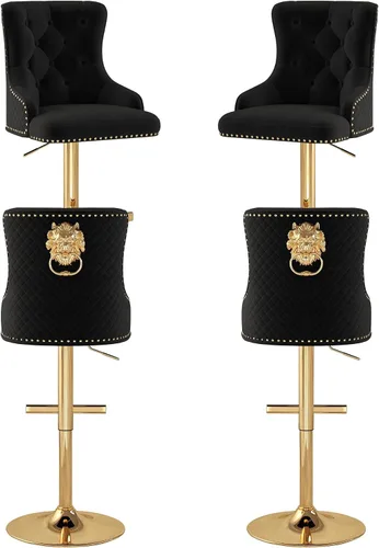 Vista 18 de Juego de 2 taburetes de bar de terciopelo, altura ajustable, base de metal dorado, beige Diseño de cabeza de clavo, función giratoria, ideal