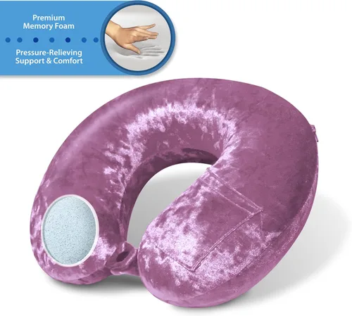 Vista 4 de Cloudz Luxe Crushed Velvet Ultra Premium Comforlite Almohada de cuello de viaje en avión con máscara de dormir lujosamente suave a juego, color malva