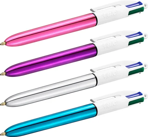Vista 4 de BIC 4 colores Shine - Caja de 12 bolígrafos - Cuerpo rosa metálico con 4 colores de tinta (azul, negro, rojo, verde)
