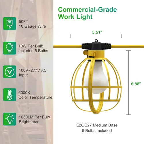 Vista 2 de LEDIARY Cadena de luces de construcción de 50 pies, 5 bombillas de 50 W, 5250 lúmenes, luces de trabajo con 5 enchufes de base media, luces