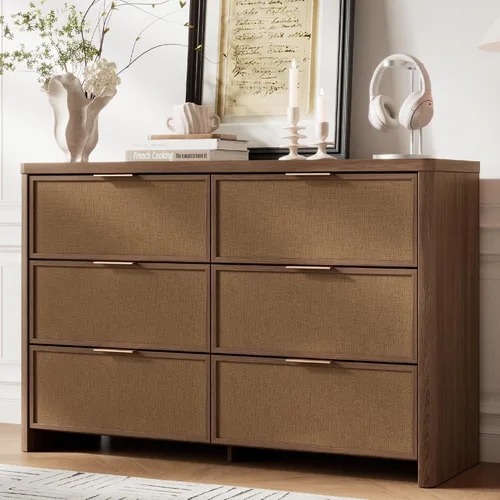 Vista 9 de Cómoda de ratán con 6 cajones para dormitorio, cómoda de 47.2 Roble natural