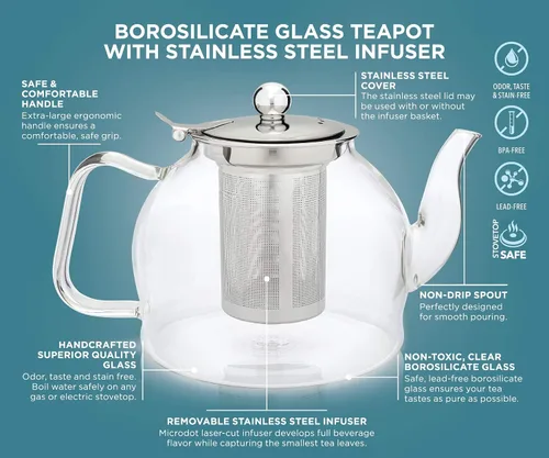 Vista 4 de Teabloom Dublin - Tetera de vidrio de borosilicato de primera calidad con infusor inoxidable extraíble, apta para estufa, ideal para té de hojas