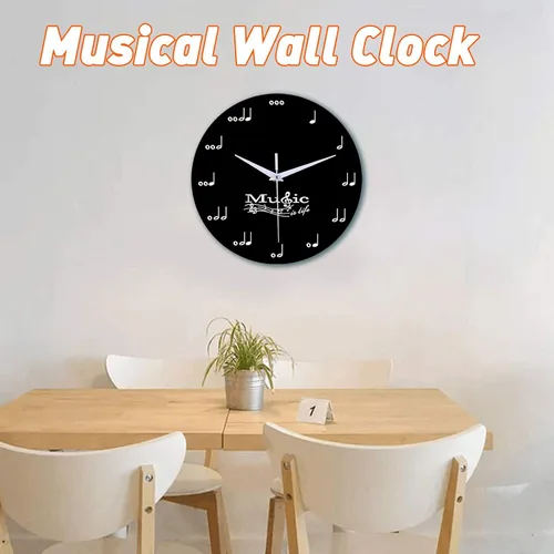 Vista 3 de Reloj de pared creativo con nota musical, reloj silencioso en blanco y negro, decorativo, para niños, adultos, estudiantes, habitación, hogar