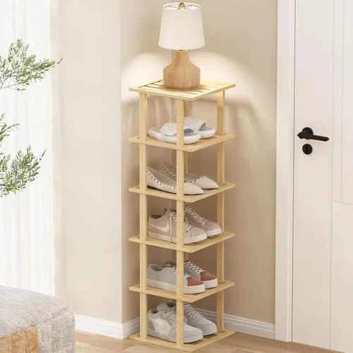 Vista 7 de SHIISEWE Zapatero de bambú para espacios pequeños, 6 niveles de alto, vertical, estrecho, para armario, apilable, soporte negro para almacenamiento