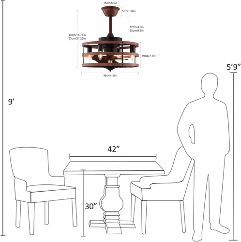 Vista 8 de OUKANING Ventilador de techo enjaulado con luz, reversible de 3 velocidades ajustables, ventilador de techo sin aspas con control remoto