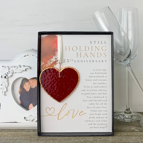 Vista 3 de 25 aniversario de boda: hermoso corazón de vitrales - Adorno de recuerdo sentimental 25 y significativo para la pareja casada - Hecho a mano