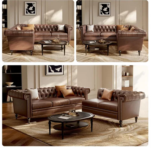 Vista 4 de Sofá modular de piel sintética para sala de estar, sofá Chesterfield reversible en forma de L con brazos enrollados y cabeza de clavos, sofá