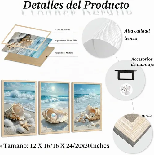 Vista 6 de SYWENNOI 3 piezas de arte de pared de playa con marco de madera, juego de 3 impresiones costeras, conchas marinas, estrellas de mar, olas, orilla