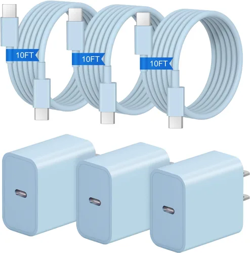 Vista 16 de Cargador de carga rápida para iPhone 17, 16, 15, paquete de 3+3 cargadores de pared USB C de 20 W con cable de carga rápida de 6 pies compatible