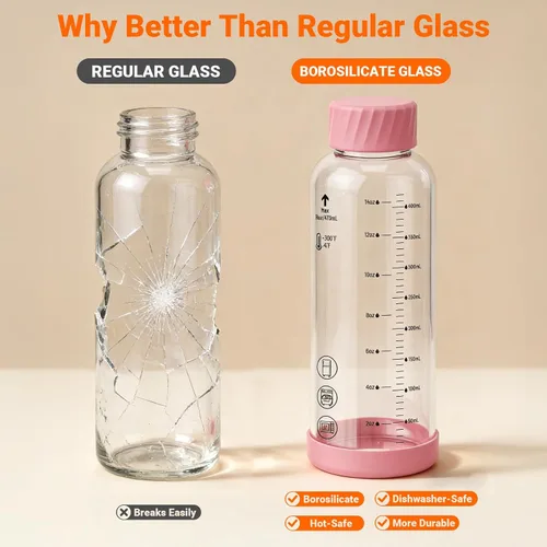 Vista 2 de Botellas de jugo de vidrio de 12 onzas – Pack de 4 botellas de agua de vidrio con tapas de acero inoxidable – A prueba de fugas, sin BPA, vidrio