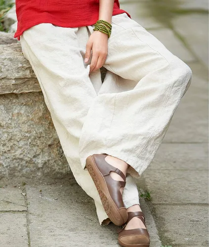 Vista 4 de IXIMO - Pantalones de lino y algodón holgados para mujer, con cintura elástica y ajuste relajado, estilo harén