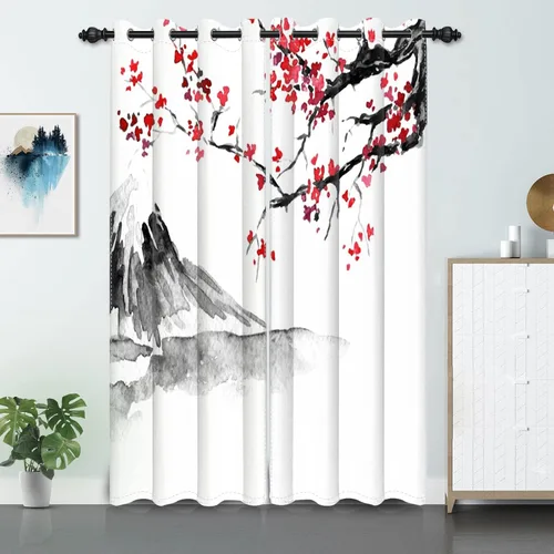 Vista 28 de Cortinas japonesas con pintura de tinta, monte Fuji, sol rojo, puesta de sol, hojas de bambú, cortinas de ventana para dormitorio, sala de estar