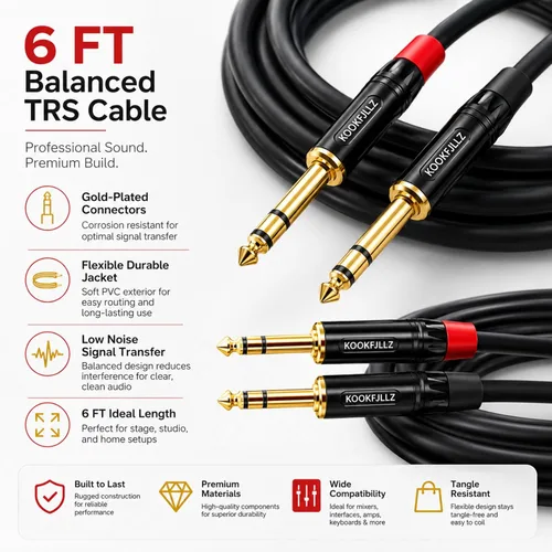 Vista 6 de Cable de altavoces, TRS equilibrado de 6 pies 1/4 ", paquete de 2