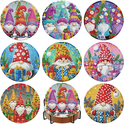 Vista 38 de Meothan Juego de 8 posavasos de arte de diamante para adultos con soporte, almohadillas de corcho, posavasos de arte de puntos de diamante de vidrio