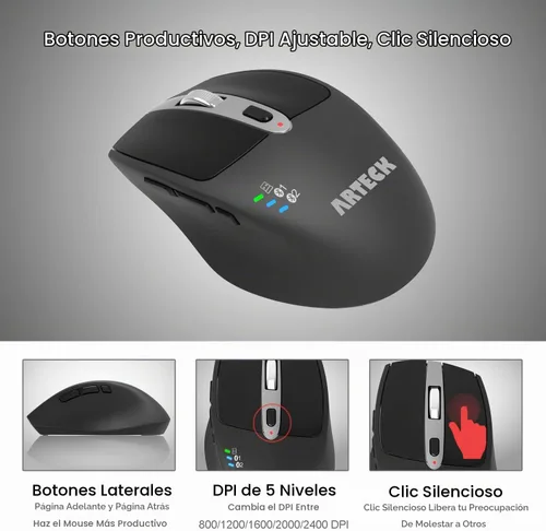 Vista 3 de Arteck Mouse inalámbrico Bluetooth con receptor Nano USB, negro, batería de 4 meses de duración, diseño ergonómico