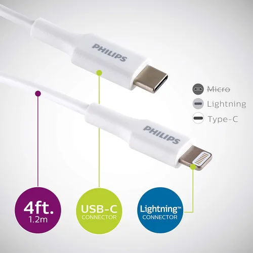 Vista 2 de Philips Cable USB C a Lightning, cable de carga de iPhone de 4 pies para las series 14/13/12, cargador de Airpod Pro, cables de carga Lightning