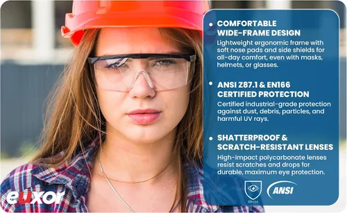 Vista 7 de Paquete de 3 gafas de seguridad antivaho y a prueba de roturas, ANSI Z87.1 y EN 166, resistentes a los rayos UV, gafas de seguridad, marco ancho