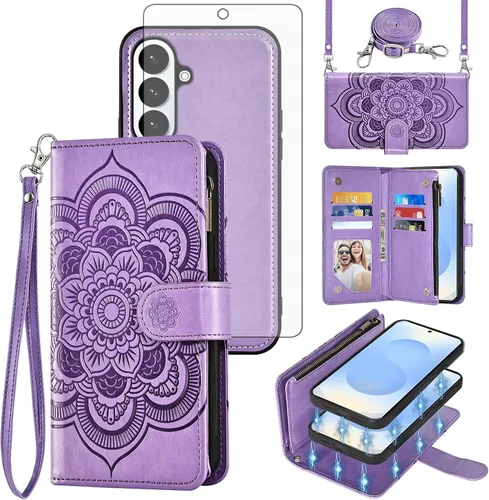 Vista 31 de Asuwish Funda de teléfono para Samsung Galaxy S26 5G con cremallera, magnética, desmontable, con protector de pantalla de vidrio templado, correa