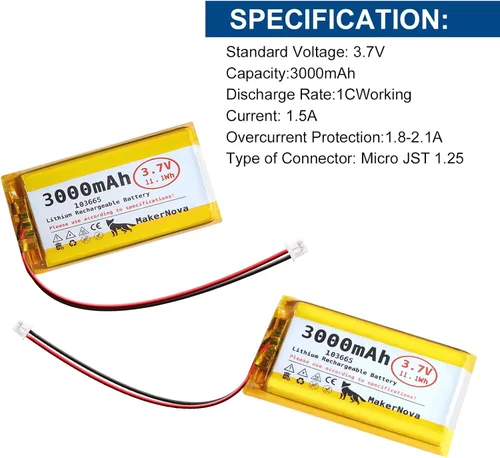 Vista 4 de Paquete de 4 baterías LiPo de 3.7 V 103665 3000 mAh, 1S 3C recargable, conector Micro JST 1.25, placa de protección dual