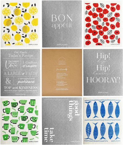 Vista 11 de Paquete de 5 paños de cocina suecos teñidos a mano, reutilizables, biodegradables, súper absorbentes de doble textura, embalaje sin plástico