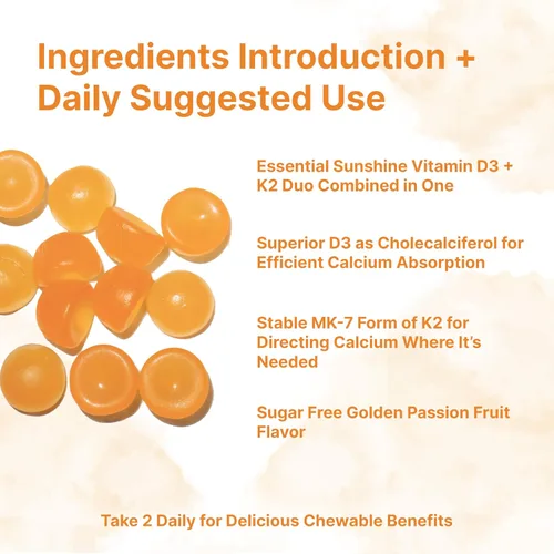 Vista 2 de Micro Ingredients Gomitas de vitamina D3 K2, 120 unidades 5,000 UI de vitamina D + 100 mcg K2 MK-7 Suplementos para la salud ósea, inmunitaria