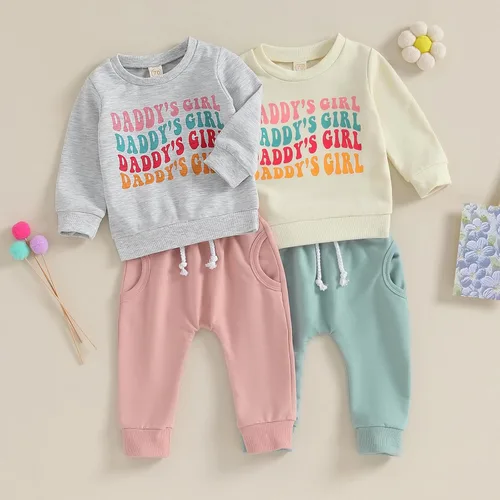 Vista 7 de Shejingb Ropa de bebé para niña, sudadera de mamá y papá, pantalones de color sólido, ropa para otoño e invierno