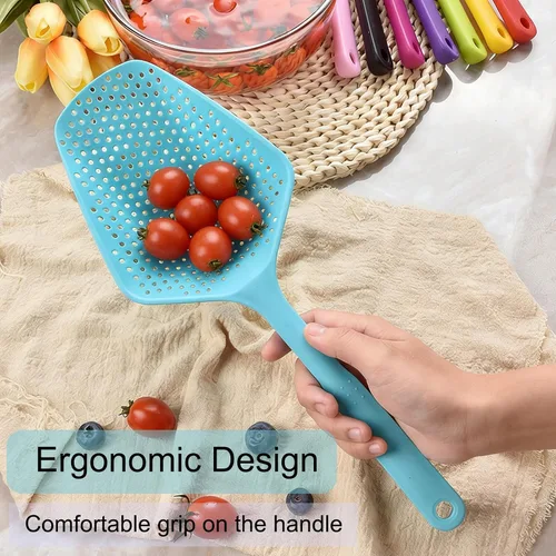 Vista 7 de SEIWEI Cuchara coladora grande, colador de herramientas de mango largo, cuchara de drenaje, colador de pasta resistente al calor, cocina para Azul