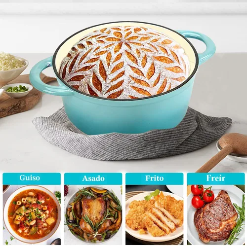 Vista 7 de COOKWIN Horno holandés de hierro fundido, olla redonda de 3 QT con tapa autobronceadora para hornear en casa, brasero, cocina, excelentes regalos
