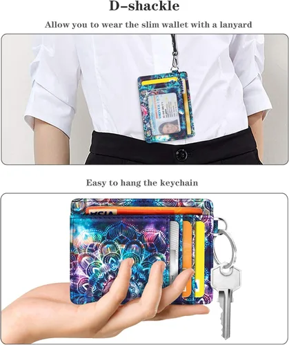 Vista 5 de Cartera delgada con bolsillo frontal RFID para tarjetas de identificación, bonita cartera pequeña con llavero para mujer