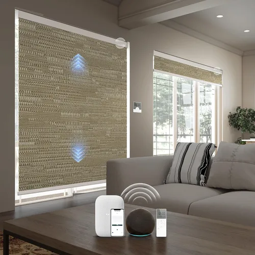 Vista 30 de Persianas inteligentes personalizadas de 110 pulgadas de ancho para ventanas grandes, persianas enrollables motorizadas 100% opacas compatibles