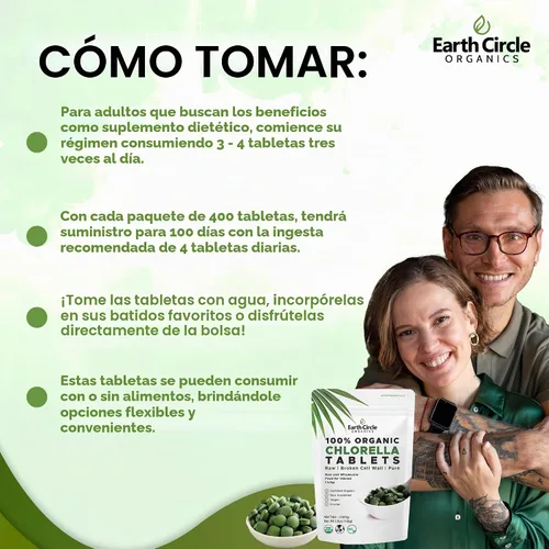 Vista 7 de Tabletas de Chlorella Orgánicas 400 unidades Superalimento de Alta Potencia Píldoras de Clorofila de Algas Verdes 100% Puras Pared Celular