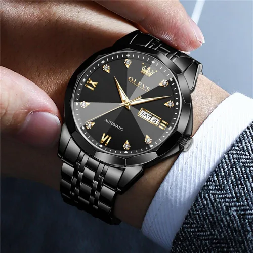 Vista 2 de OLEVS Reloj de pulsera automático con diseño de esqueleto para hombre, de lujo, con diamantes de lujo, de acero inoxidable, calendario, reloj