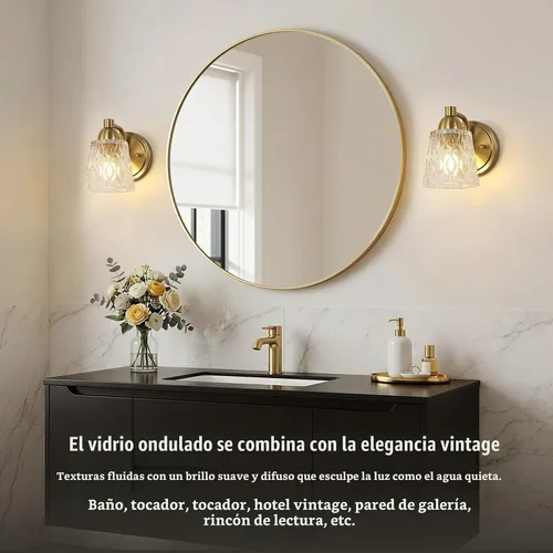 Vista 2 de Mecgirn Lámpara de tocador de baño de acero inoxidable sobre el espejo, 1 lámpara de baño dorada cepillada con pantallas de vidrio texturizado Oro