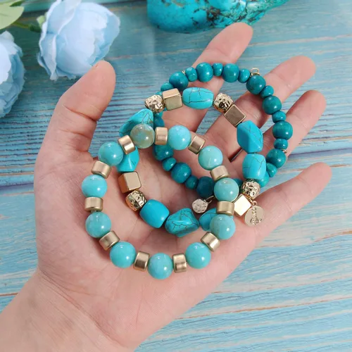 Vista 4 de Coiris 3 piezas de cuentas de turquesa grande Strand turquesa pulsera para niñas (BR-1226), Sin gemas.