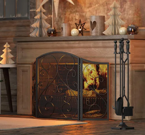 Vista 9 de Pantalla para chimenea Fire Beauty de 3 paneles, hierro forjado de metal, 121,9 cm (L) x 76,2 cm (H), cubierta protectora contra chispas (negro)