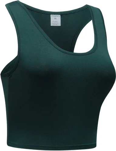 Vista 3 de OThread & Co. Camiseta corta básica para mujer, elástica, casual, cuello redondo, espalda cruzada, deportiva, sin mangas