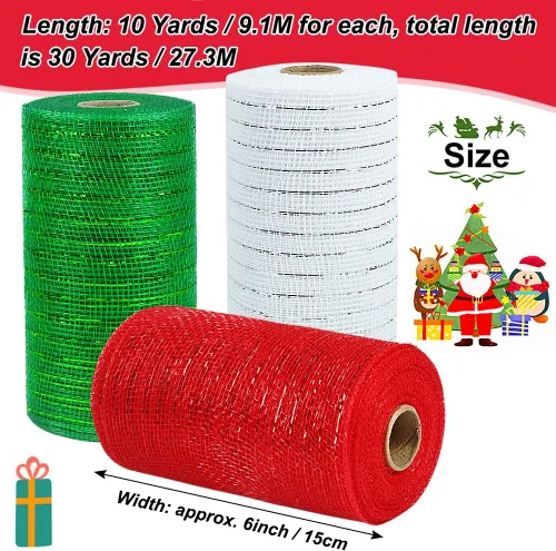 Vista 4 de 3 rollos de cinta de malla para coronas, 6 pulgadas x 30 pies cada rollo de rollos de malla de polideco rojo, verde y blanco, cinta de Navidad