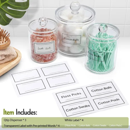 Vista 3 de Paquete de 3 dispensadores Qtip para bolas de algodón, hisopos de algodón, almohadillas redondas de algodón, hilo dental – Juego de tarros