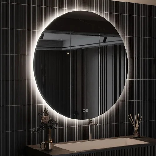 Vista 16 de ROOMTEC Espejo de baño LED redondo de 28 pulgadas con luces, espejo de tocador circular con parte delantera y retroiluminada, marco de aluminio