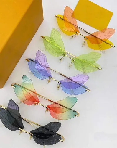 Vista 2 de Tiyole Dragonfly Rimless Sunglasses for Women Vintage Gold Metal Frameless Butterfly Glasses UV400 Protection Eyewear